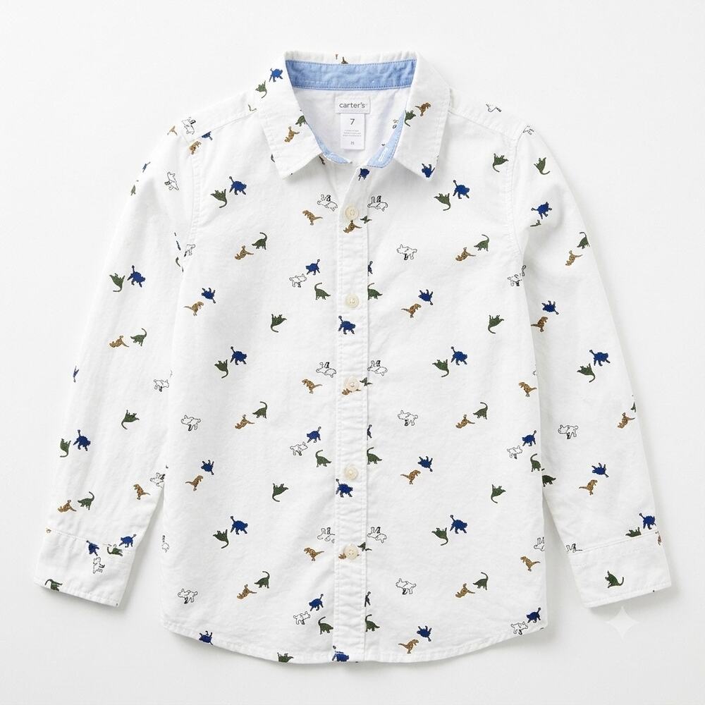 CARTERS Dinosaur Oxford Shirt White Long Sleeve Button Up T Rex Cotton Boys 7